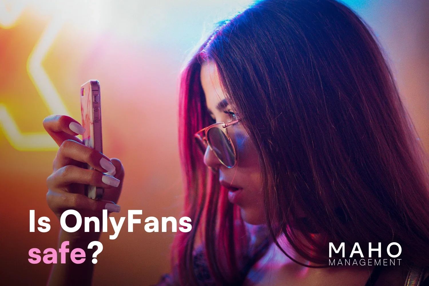 Woman with sunglasses in pink neon light looking at her phone, symbolising OnlyFans safety